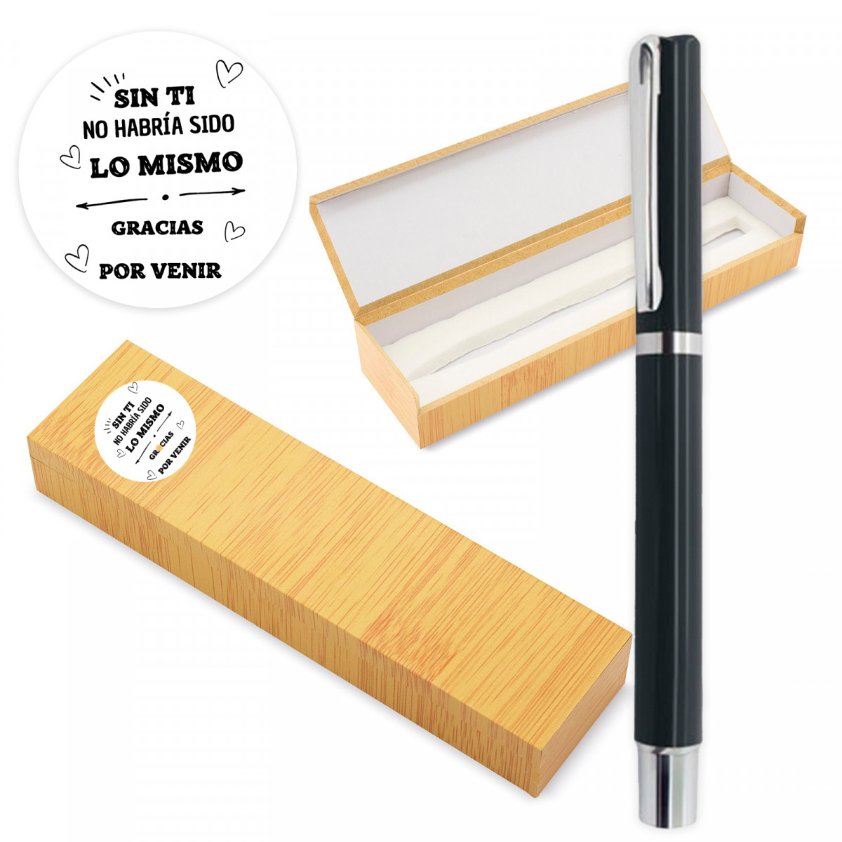 Bolígrafo elegante en caja con adhesivo de agradecimiento para detalles