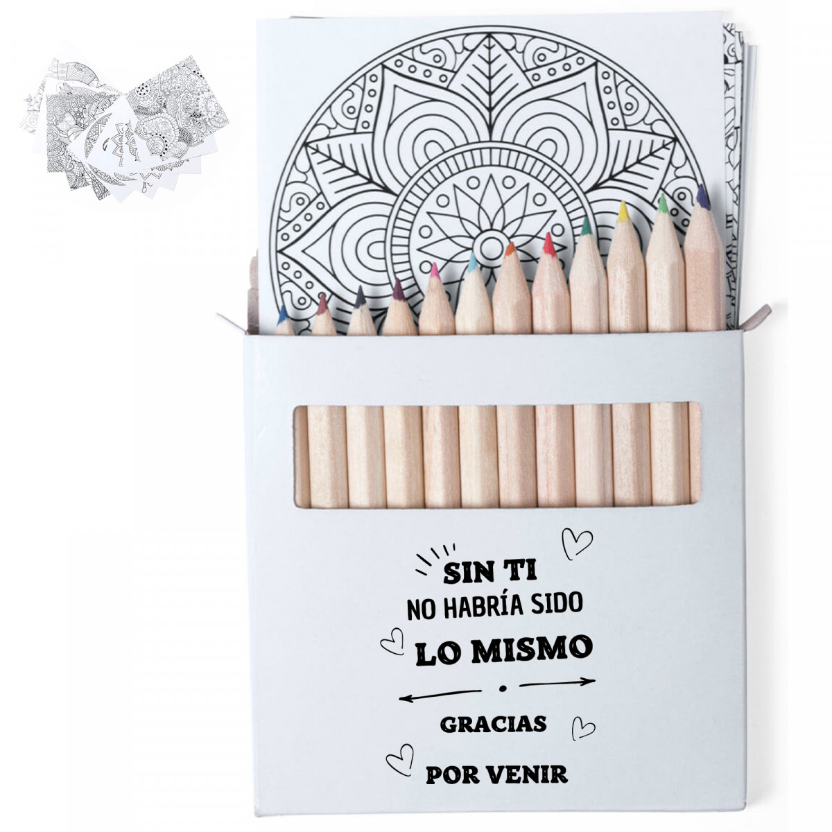 Set para colorear con hojas con mandalas y adhesivo de agradecimiento para detalles