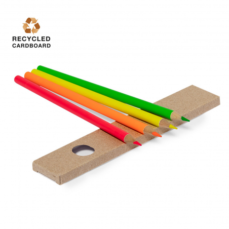 Lápices flúor de 4 colores en caja de cartón para detalles infantiles