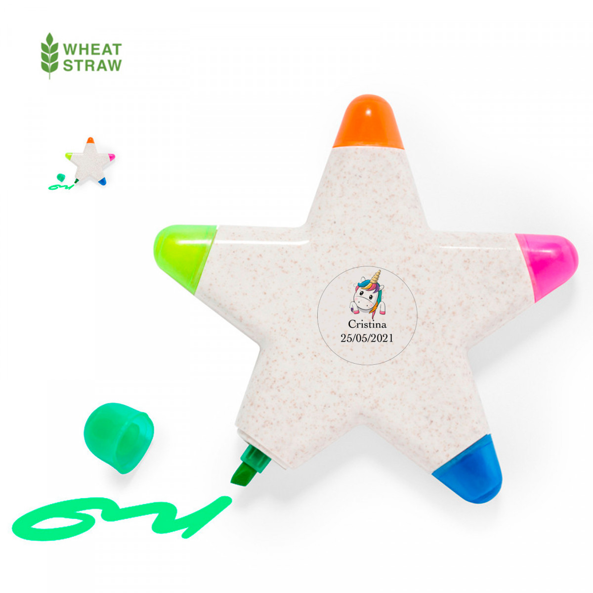 Marcador fluorescente con forma de estrella con adhesivo personalizado para detalles