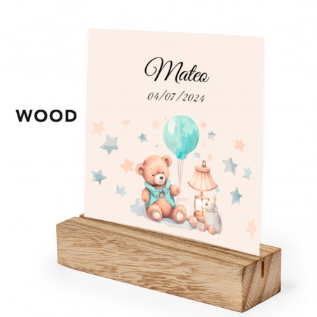 Soporte de madera con tarjeta personalizada para decoración mesa bautizo