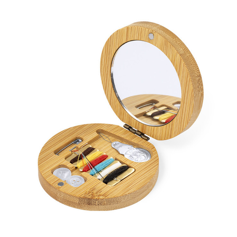 Costurero de bambú portátil con espejo y útiles de costura