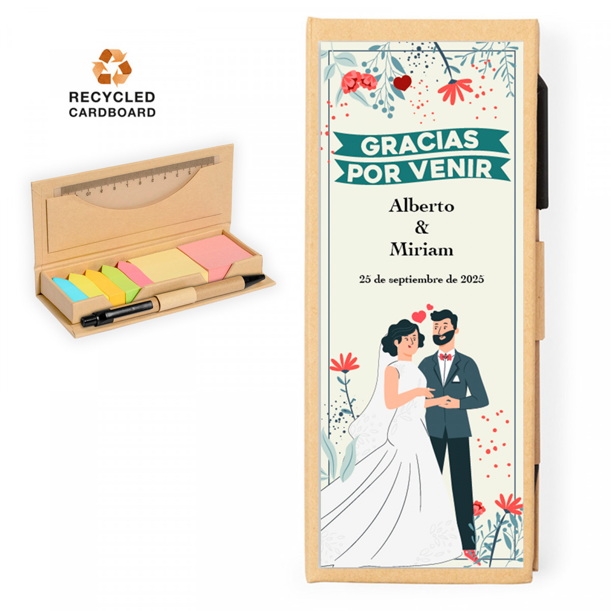 Marcadores y notas de colores bolígrafo y regla personalizado para detalles boda en estuche de cartón