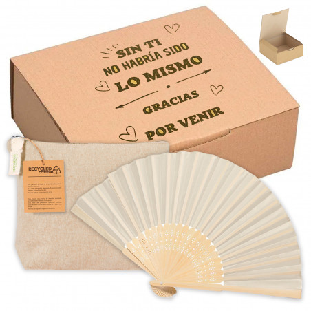 Neceser de algodón y abanico de madera de bambú en caja personalizada para detalles