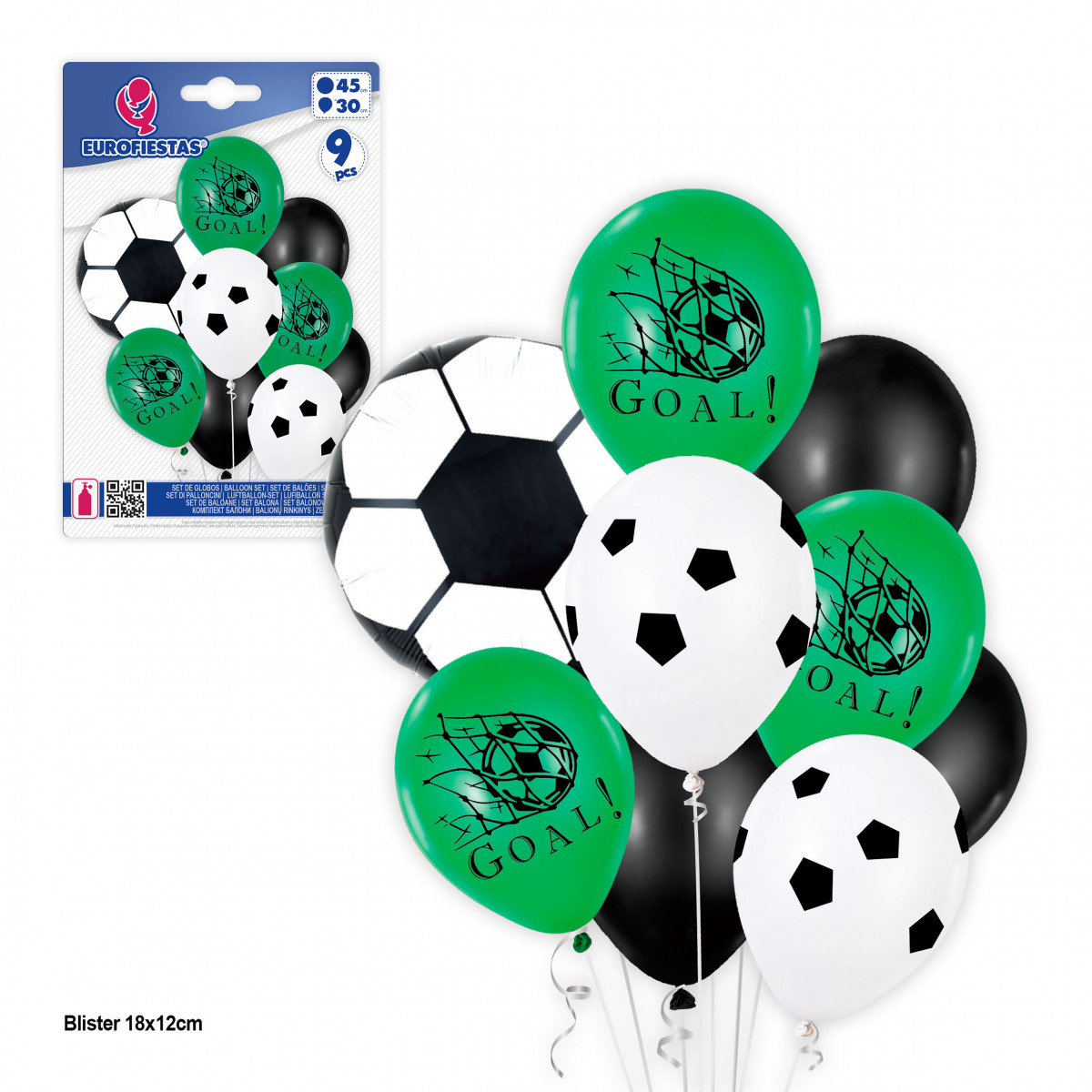 Globos impresos de balones de fútbol en pack de 9 unidades diferentes formas en verde, blanco y negro