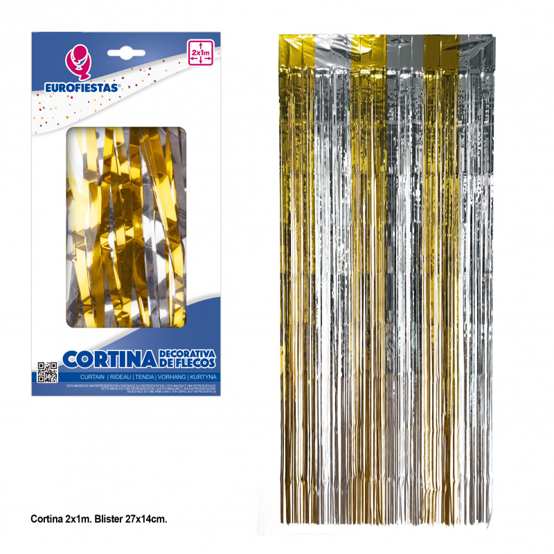 Cortina decorativa de flecos oro y plata 2x1m