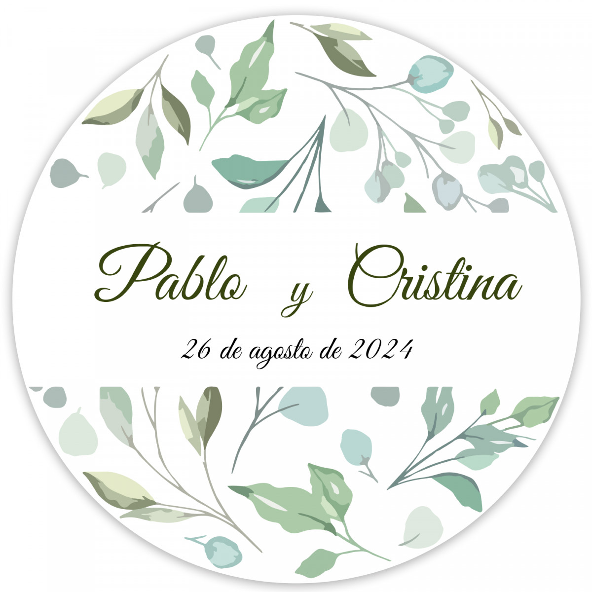 Adhesivo redondo 5 cm diseño hojas personalizado para detalles bodas