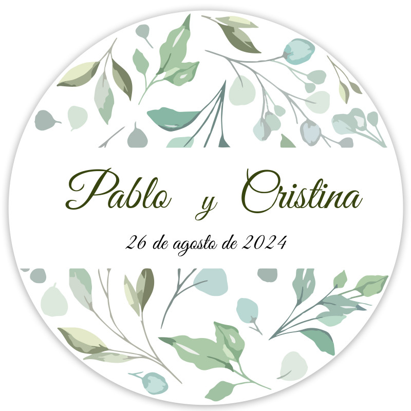 Adhesivo redondo 5 cm diseño hojas personalizado para detalles bodas