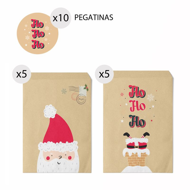 Sobres kraft de navidad Papá Noel 10 unidades 13x16cm y pegatinas