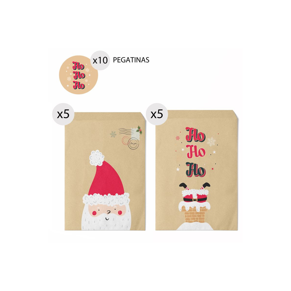 Sobres kraft de navidad Papá Noel 10 unidades 16x24cm y pegatinas