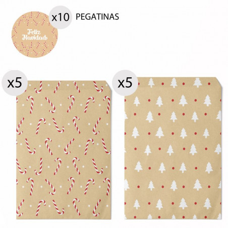 Sobres de regalo 16x24 para Navidad de papel kraft 10 unidades y pegatinas