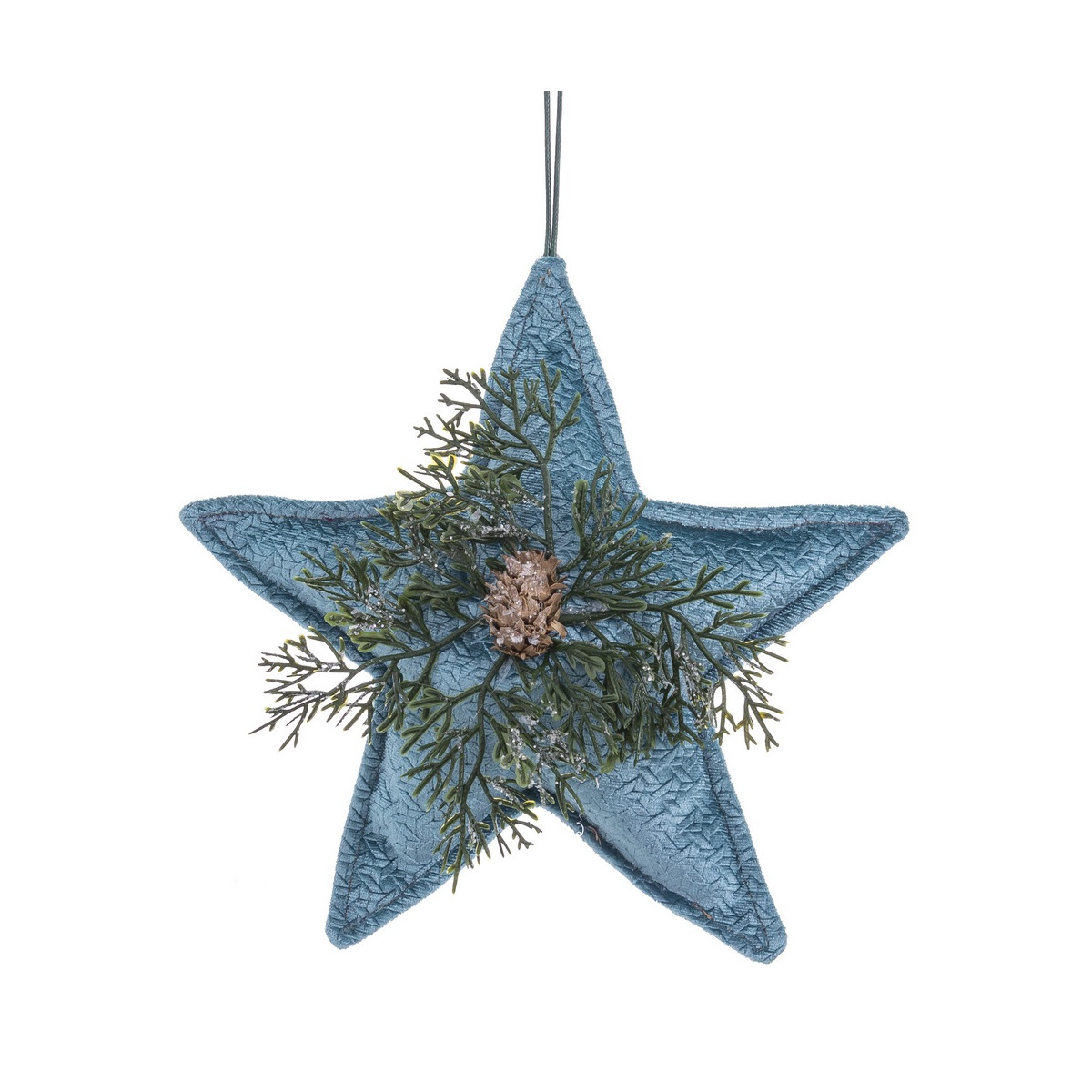 Colgante de navidad tela forma de estrella azul con piña y hojas 18x20