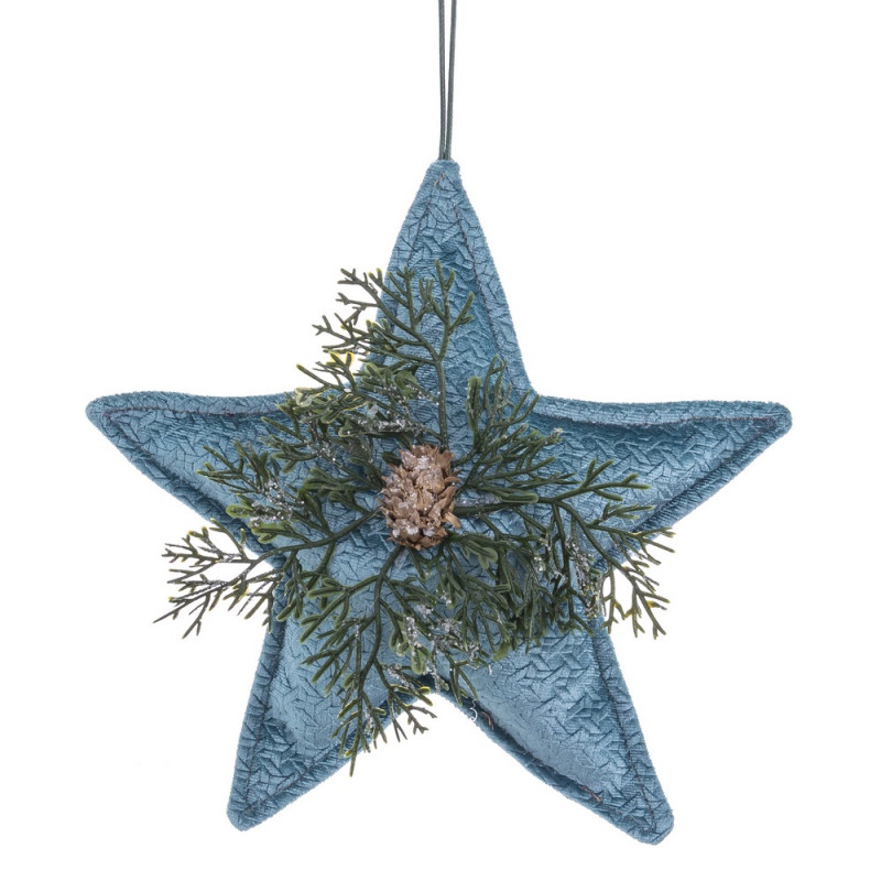 Colgante de navidad tela forma de estrella azul con piña y hojas 18x20