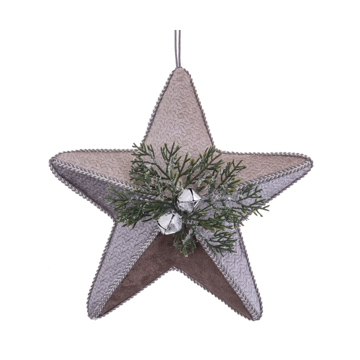 Colgante de navidad tela 22.5cm forma de estrella gris con cascabeles