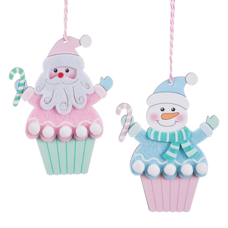 Colgante navideño de madera en forma de cup cake de Papá Noel o muñeco de nieve