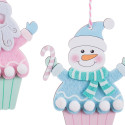 Colgante navideño de madera en forma de cup cake de Papá Noel o muñeco de nieve