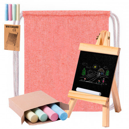 Pizarra caballete con caja de tizas de colores en mochila de algodón para detalles