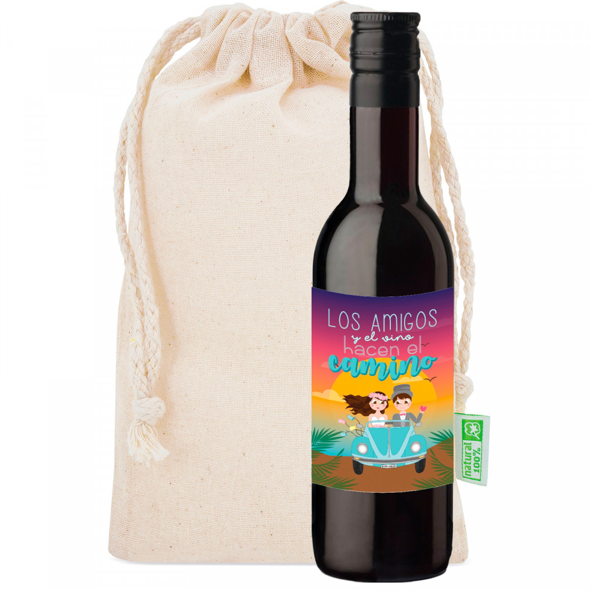 Botella de vino frutal con adhesivo simpático en bolsa de algodón para boda