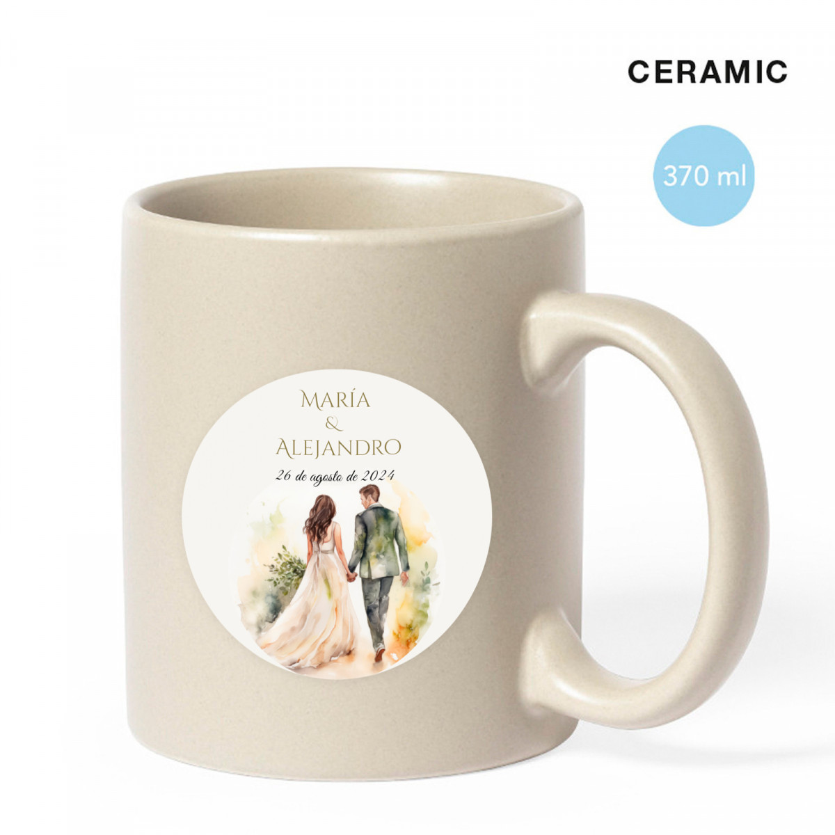 Taza de cerámica con adhesivo personalizado para detalles bodas