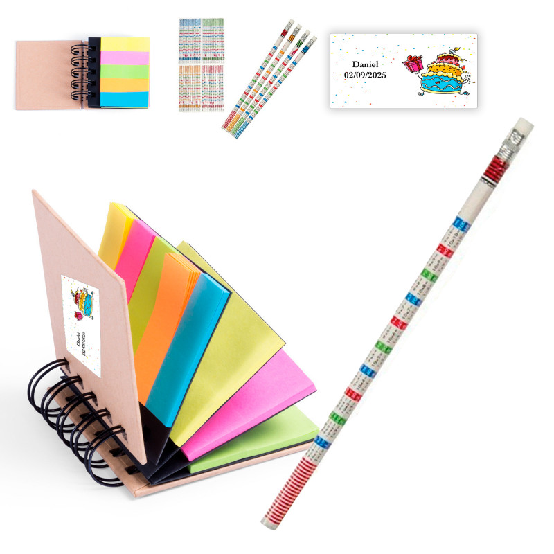 Libreta con post it adhesivos de colores personalizados y con lápiz con tablas de multiplicar para detalles