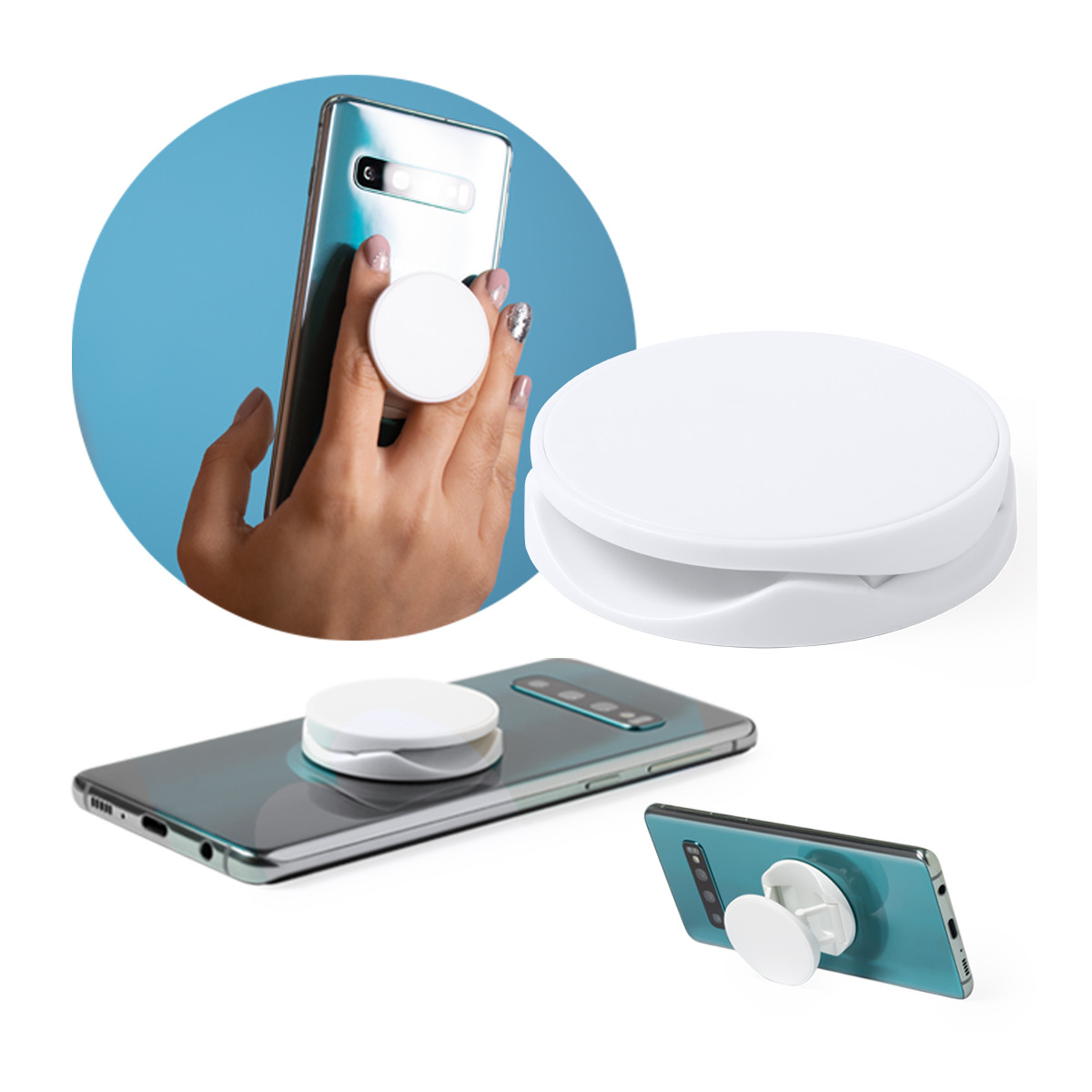 Soporte para smartphone con adhesivo trasero extensible blanco