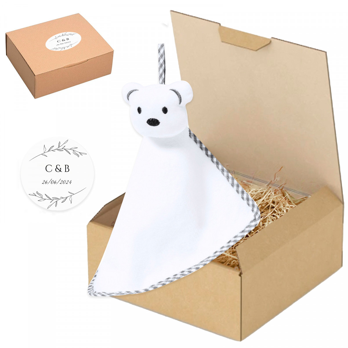 Peluche dou dou para bebés presentado en caja personalizada para detalles