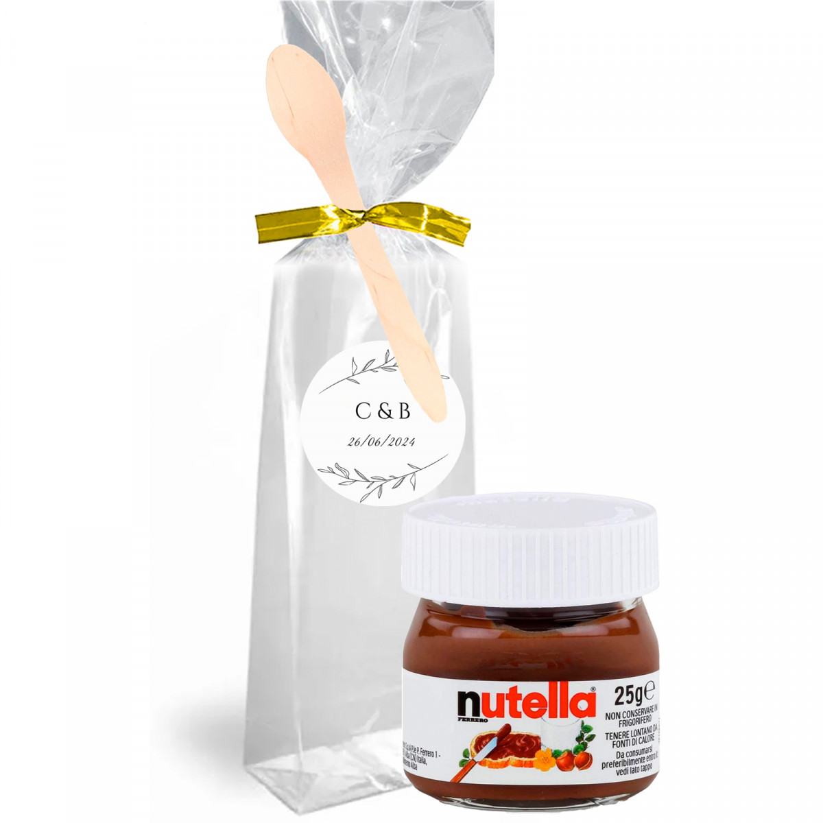 Nutella 25 g. en bolsa transparente personalizada con cierre y cuchara de madera para detalles