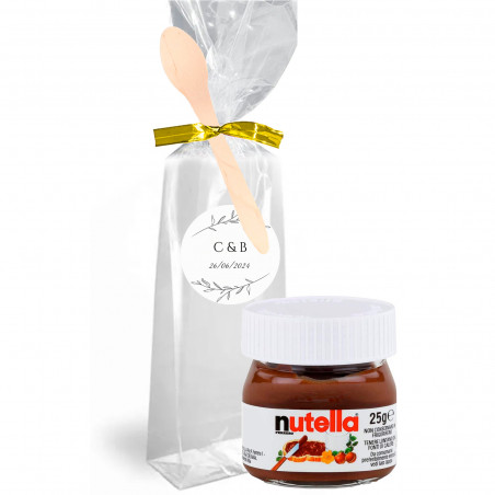 Nutella 25 g. en bolsa transparente personalizada con cierre y cuchara de madera para detalles