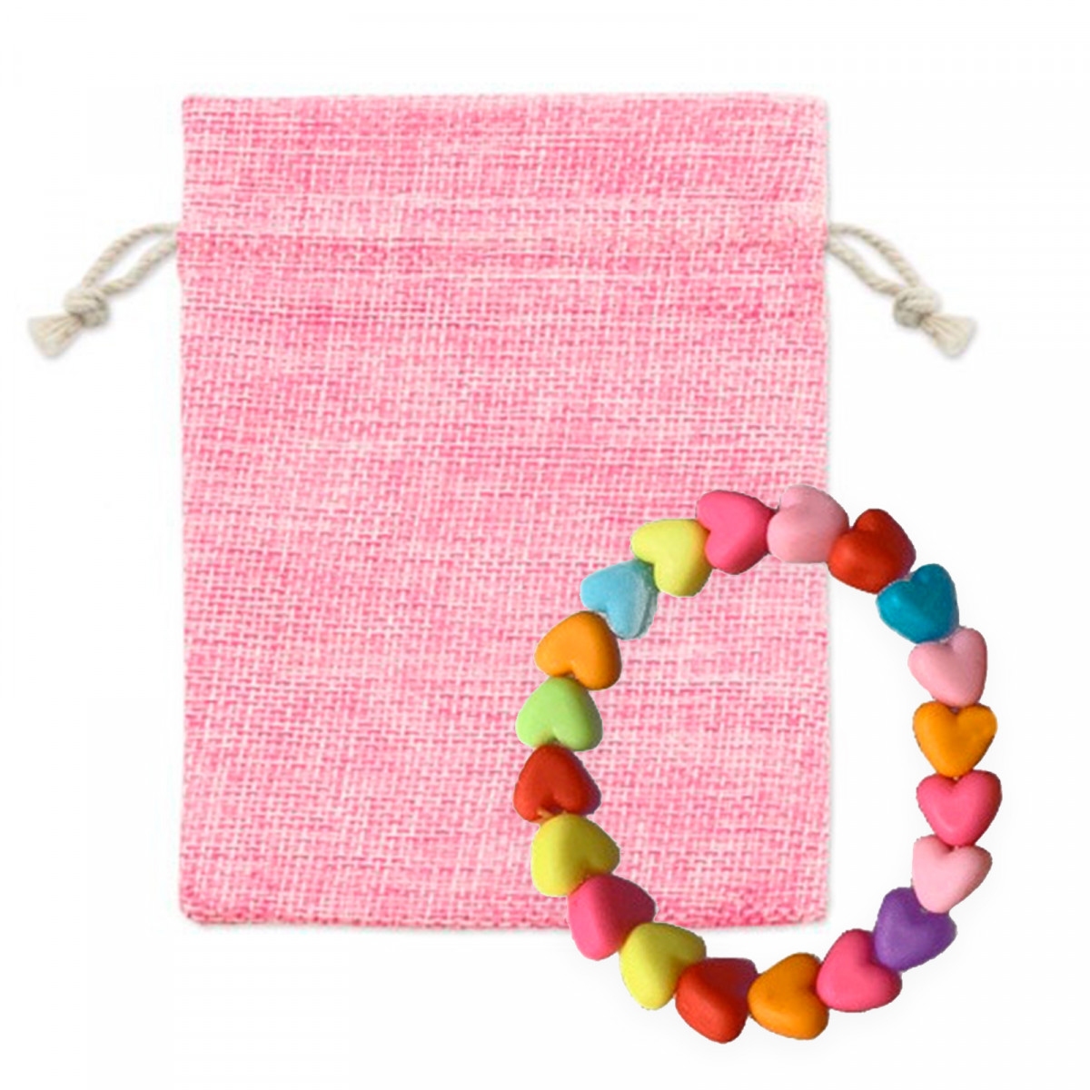 Pulsera con abalorios en bolsa de tela rosa para detalles