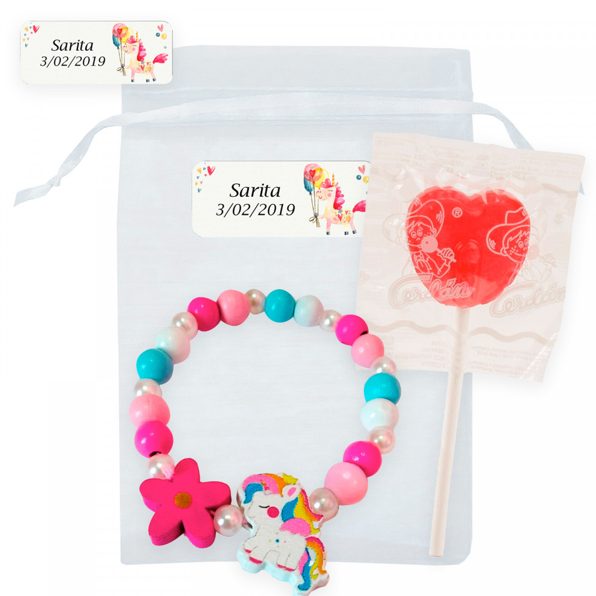 Pulsera de unicornio con piruleta en bolsa de organza personalizada para detalles