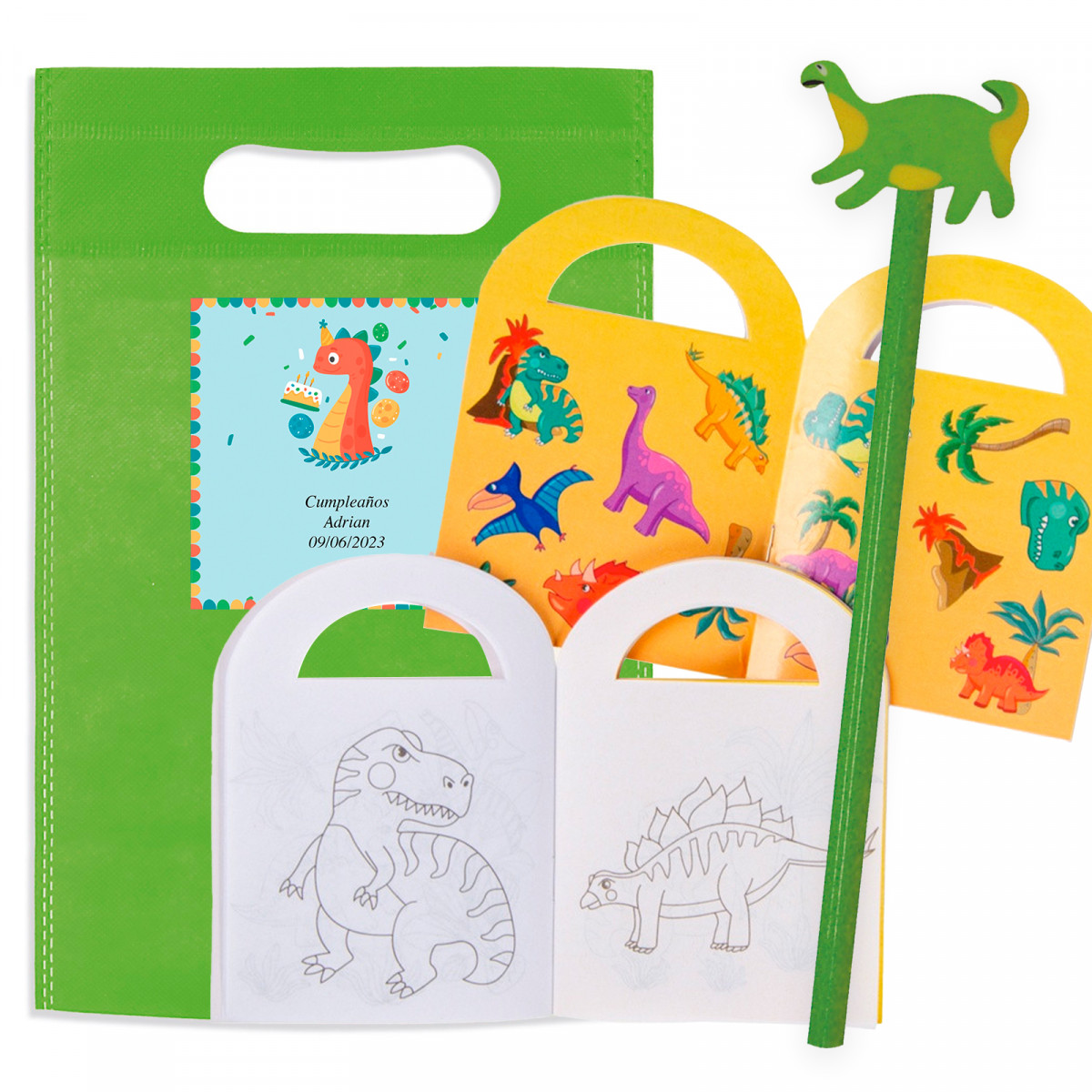 Libro para colorear con pegatinas y lápiz de dinosaurio en bolsa personalizada para detalles