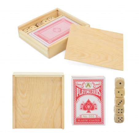 Baraja de cartas y dados en caja de madera personalizada con iniciales para detalles