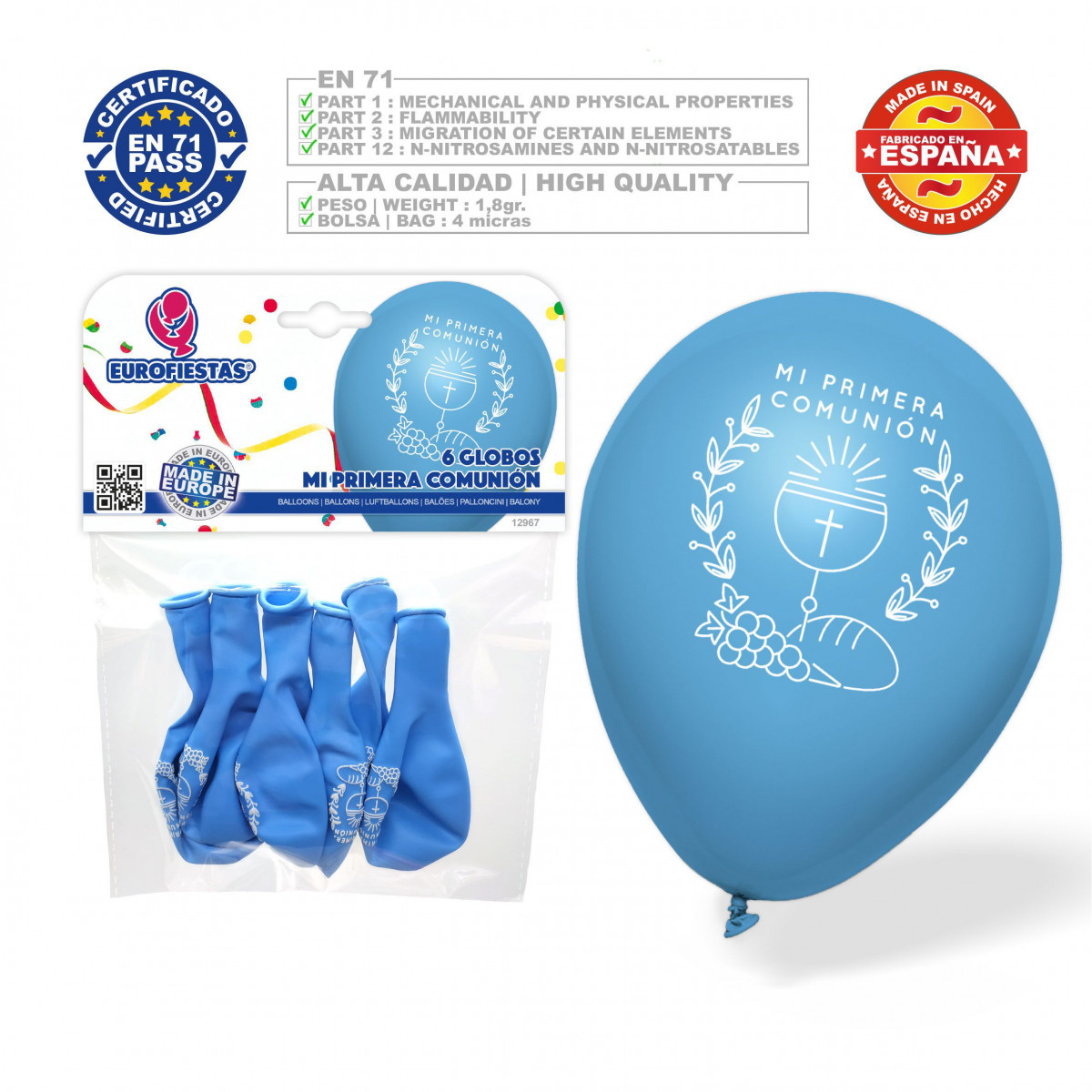 Globos de latex azules de comunión en pack de 6 unidades