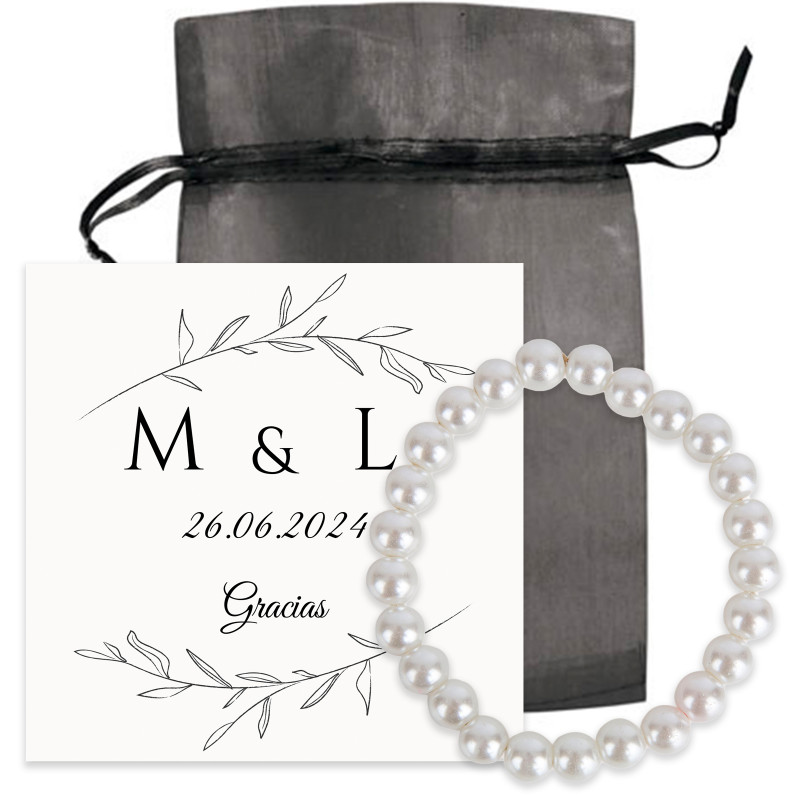 Pulsera de perlas con tarjeta de agradecimiento en bolsa de organza para detalles