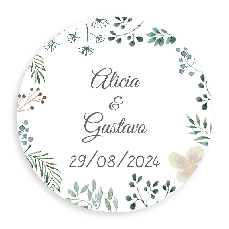 Adhesivo personalizable redondo 3cm herbal minimalista para bodas y eventos