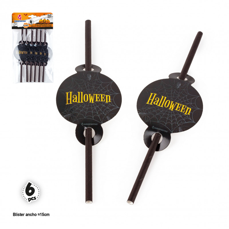 Pajitas de plastico negras para Halloween en pack de 6 unidades