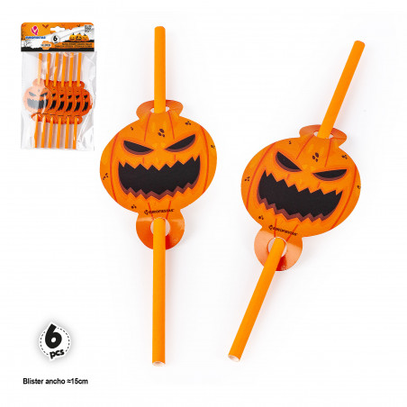 Pajitas decoradas con calabazas para Halloween en pack de 6 unidades