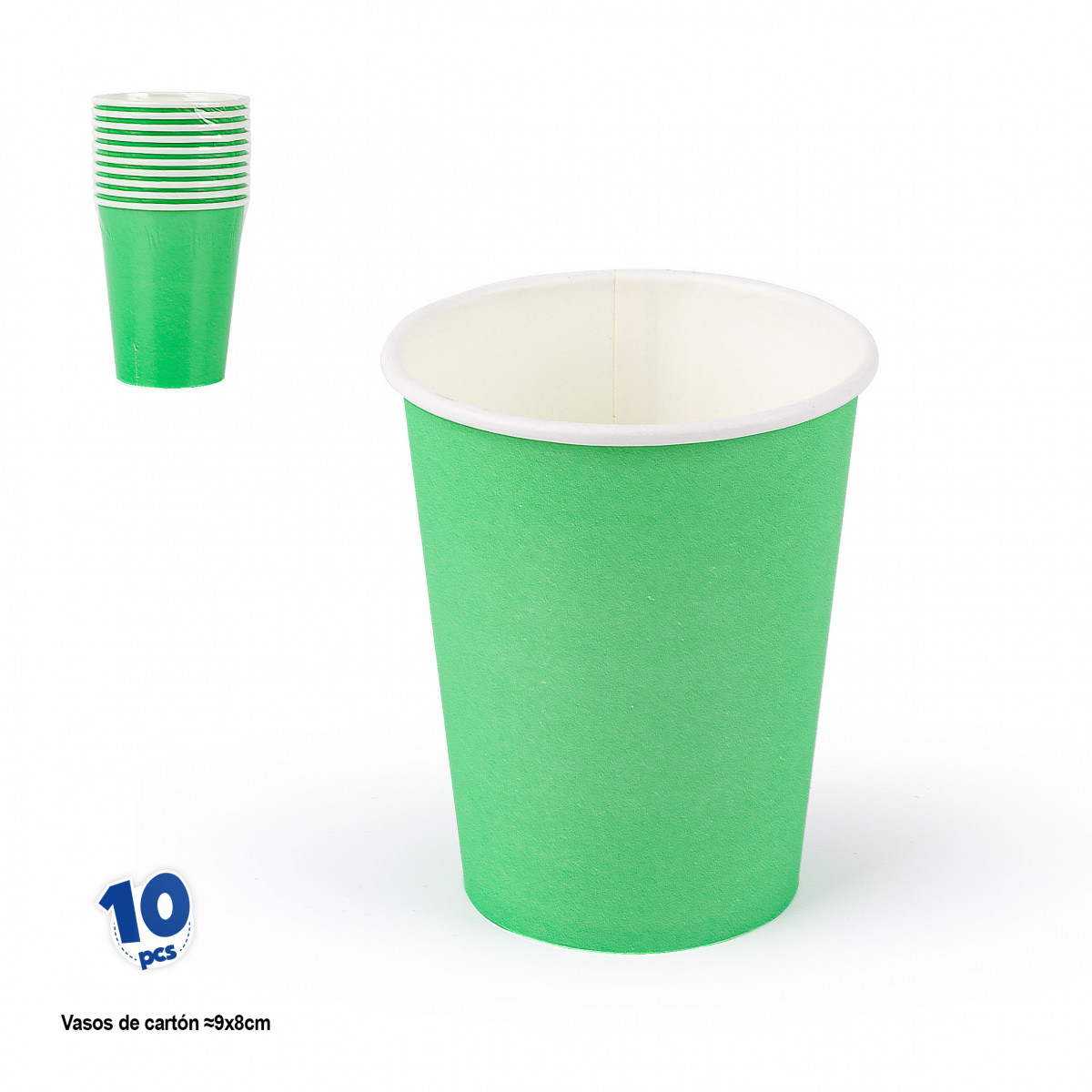 Vasos desechables de carton verde en pack de 10 unidades