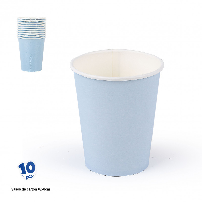 Vasos desechables de carton celeste pastel en pack de 10 unidades