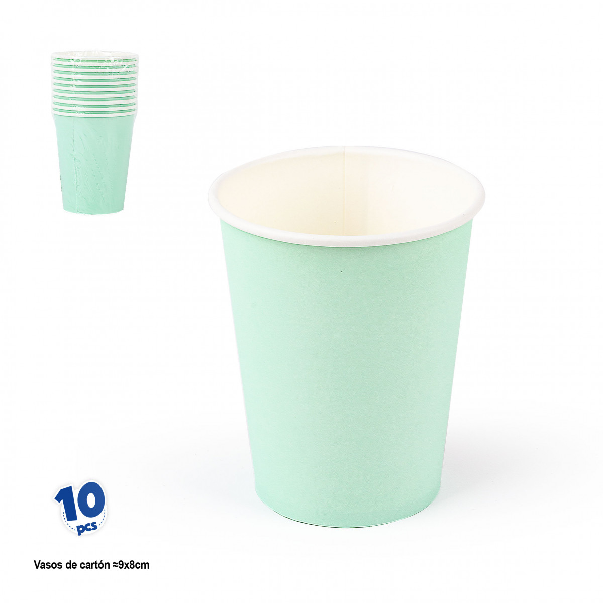 Vasos desechables de carton verde pastel liso en pack de 10 unidades