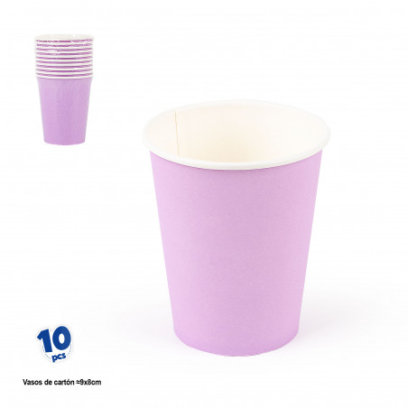 Vasos desechables de carton lila pastel liso en pack de 10 unidades