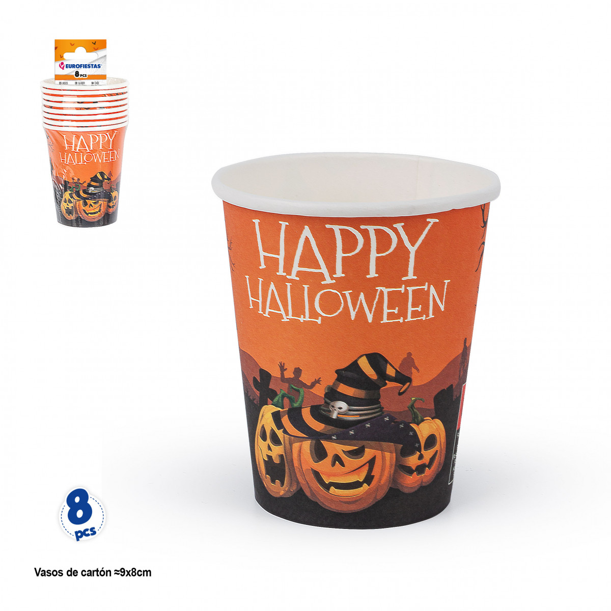 Vasos desechables con calabazas para Halloween en pack de 8 unidades