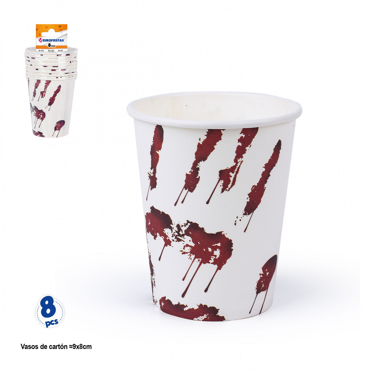 Vasos desechables con una mano sangrienta para Halloween en pack de 8 unidades