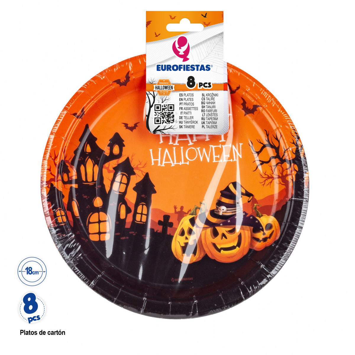 Plato desechable para halloween en pack de 8 unidades y 18 cm