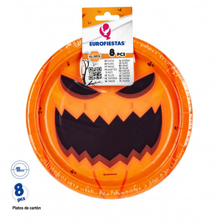 Plato para fiestas de terror con fondo de calabaza de 18 cm en pack de 8 platos