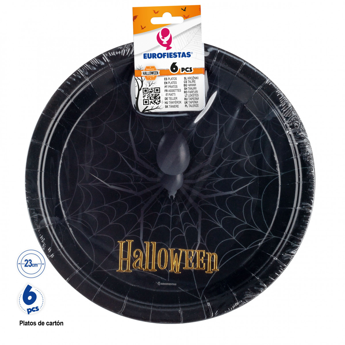 Plato cartón negro para halloween en pack de 6 piezas y  23cm