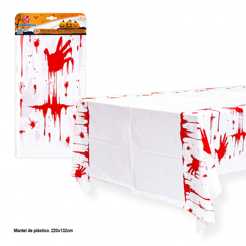 Mantel blanco halloween con huellas manos sangrientas