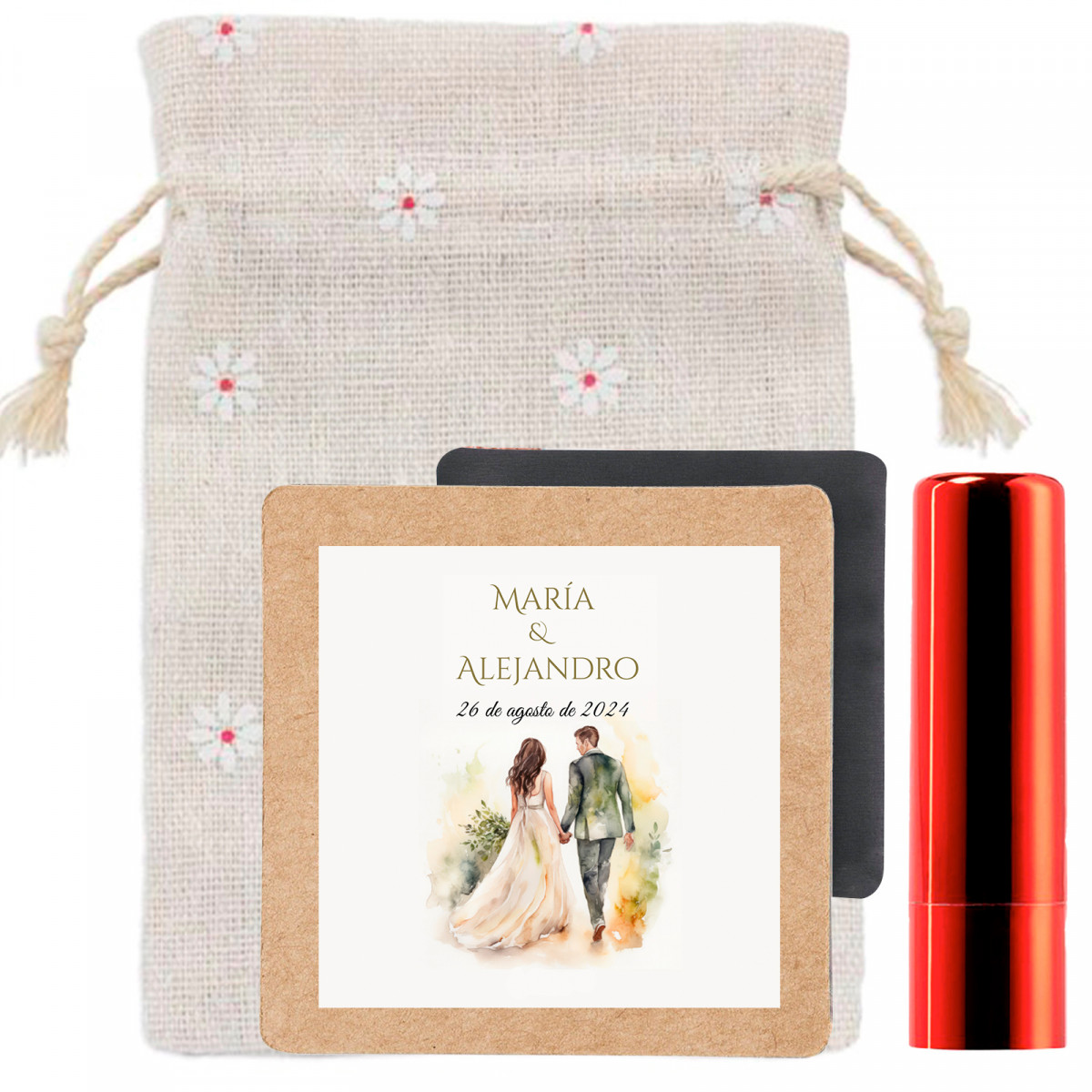 Imán personalizado con bálsamo labial en bolsa de tela para detalles bodas