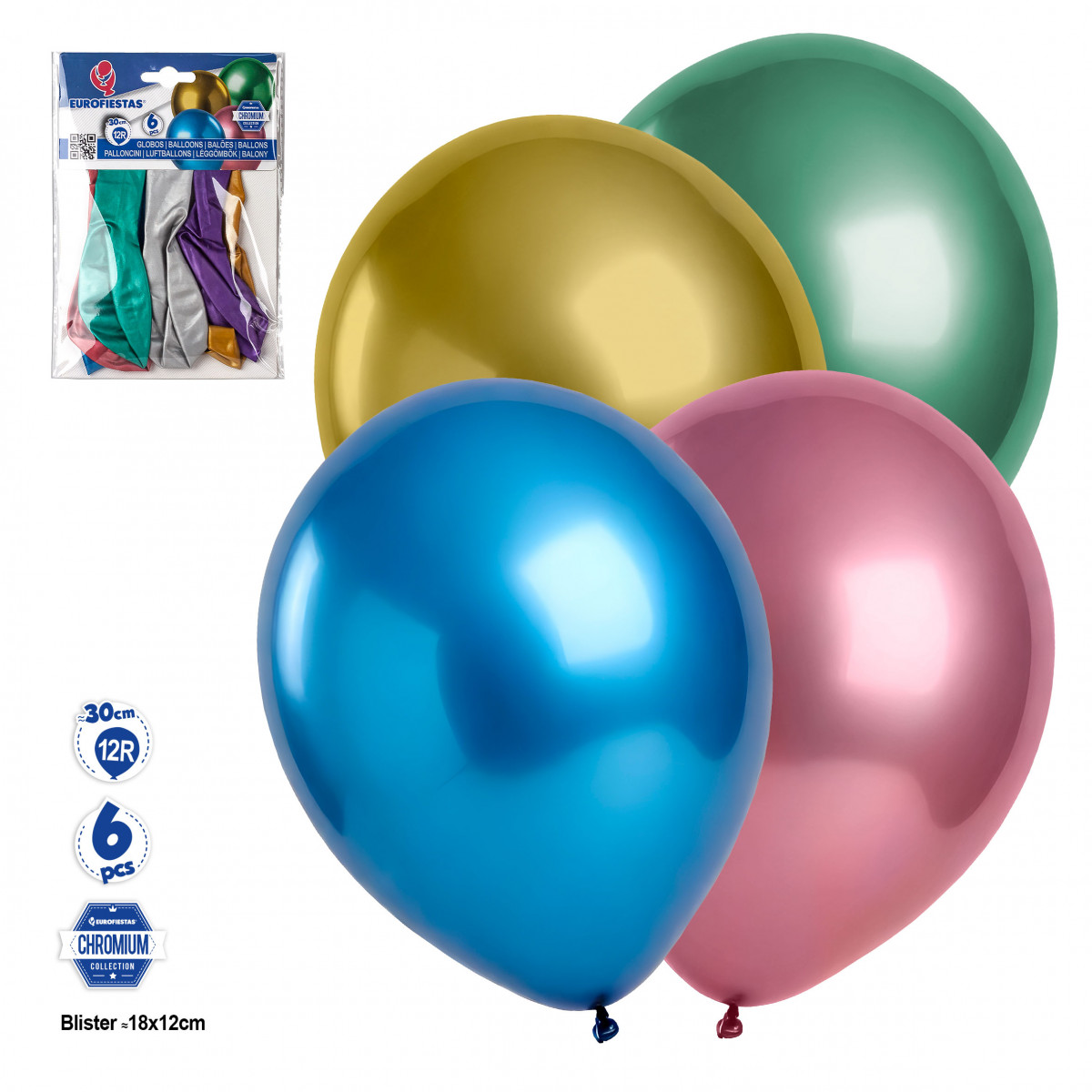 Globo cromado de colores surtidos en pack de 6 unidades