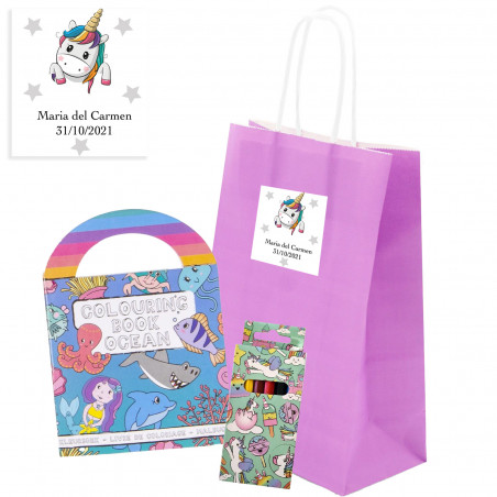 Libro para colorear con pegatinas y lápices de colores en bolsa personalizada para niñas y niños